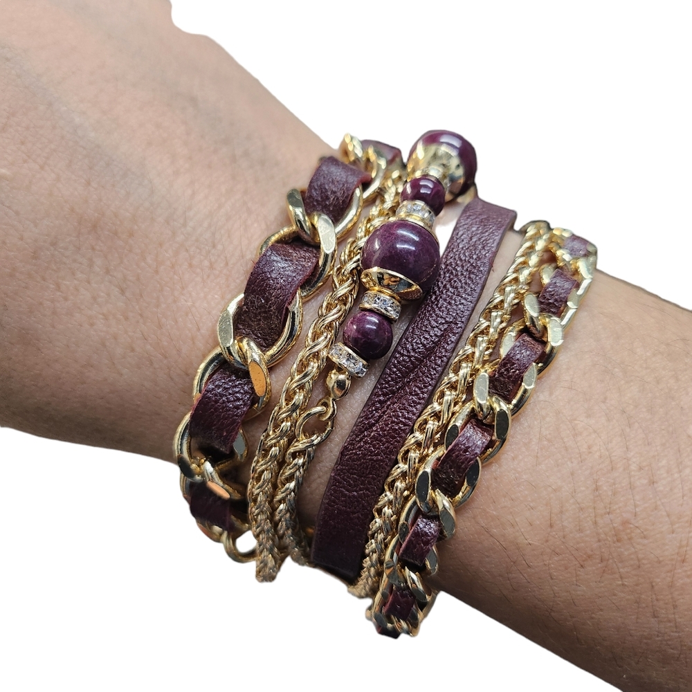 Multi Row Chain Link Bracelet Burgundy Leather Gold Tone Magnetic Close